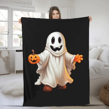 Discover Funny Halloween Pumpkin With Cute Ghost Fleece Blankets