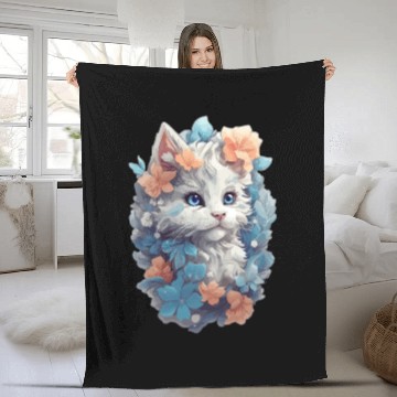 Discover Cute Cat Watercolor Painting with Floral Splash Fleece Blankets