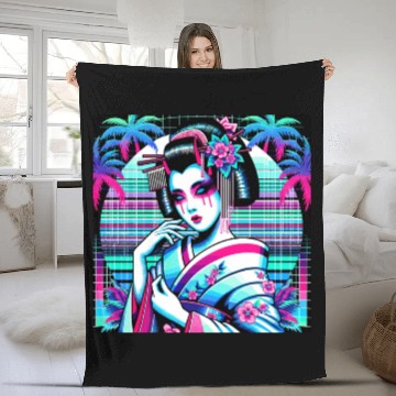 Discover Japan Geisha Retrowave Synthwave Cyberpunk Fleece Blankets