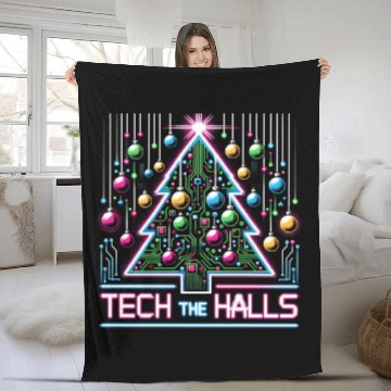 Discover Tech the Halls - Christmas Tree in 8-bit Neon Fleece Blankets