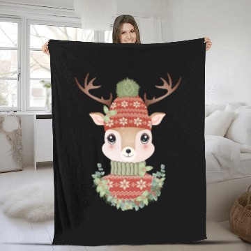 Discover cute deer with sweater and Christmas wreath Fleece Blankets
