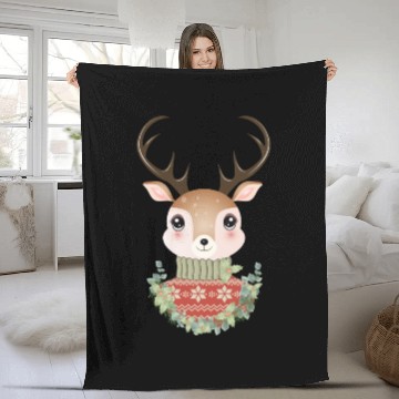 Discover cute deer with sweater and Christmas wreath Fleece Blankets