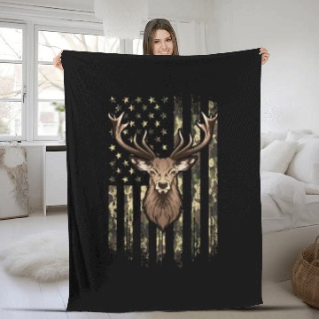 Discover Deer Whitetail Buck American Camo Us Flag Deer Fleece Blankets