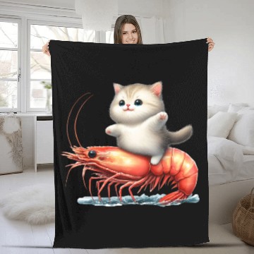 Discover Cat rides on shrimp Fleece Blankets