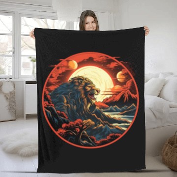 Discover Red Japanese Style Mountain Lion Art Fleece Blankets
