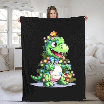 Discover Christmas Dino Kids Funny T rex Christmas Tree Boy Fleece Blankets
