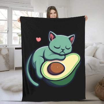 Discover Green Cat Sleeping On An Avocado With Heart Fleece Blankets
