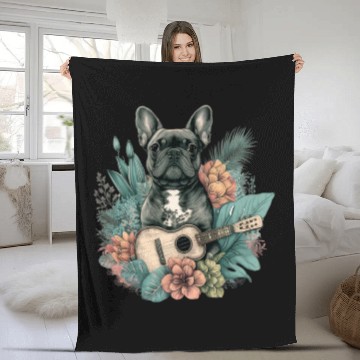 Discover French Bulldog |Aloha Ukulele Hawaii Guitar Funny Fleece Blankets