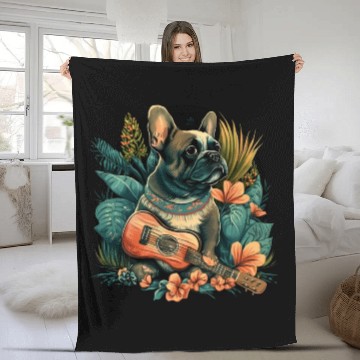 Discover French Bulldog |Aloha Ukulele Hawaii Guitar Funny Fleece Blankets