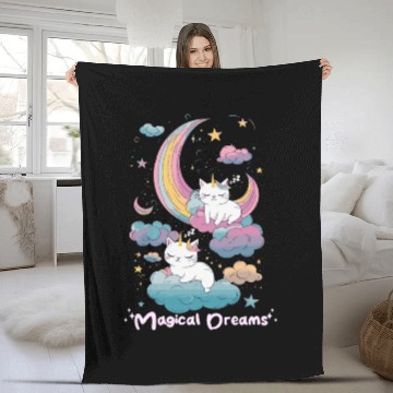 Discover Magical Dreams Sleeping Cat Unicorns Pastel Clouds Fleece Blankets