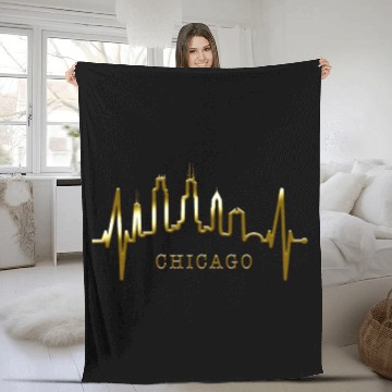 Discover Chicago Skyline Heartbeat USA Heart I Love Chicago Fleece Blankets