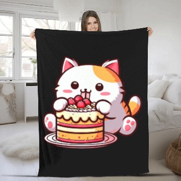 Discover Cherry Cake Delight: Sweet Comic Cat Indulges Fleece Blankets
