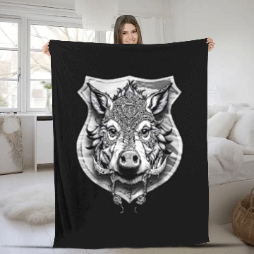 Discover shield with wild boar head - DIGITAL - grayscale Fleece Blankets