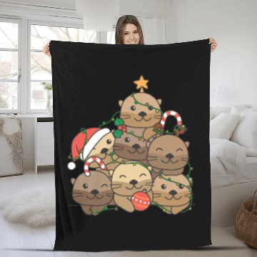 Discover Otter Christmas Tree Funny Animal Christmas Fleece Blankets