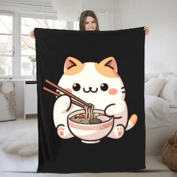 Discover Neko Cat Eating Ramen Noodles Anime Fleece Blankets