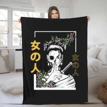 Discover Japanese Samurai Floral Warrior Flower Woman Fleece Blankets