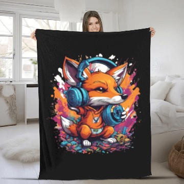 Discover Fox with Graffiti Headphones Playing Yoyo Fleece Blankets
