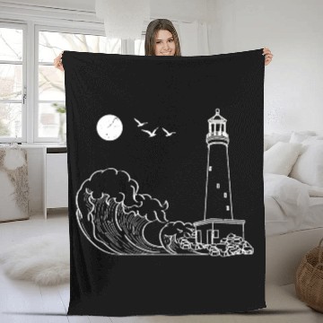 Discover sea waves seagulls gift full moon lighthouse Fleece Blankets