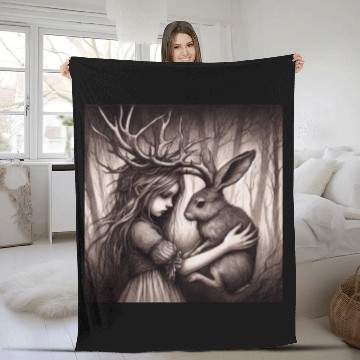 Discover Illustration of Girl with Jackalope Fleece Blankets