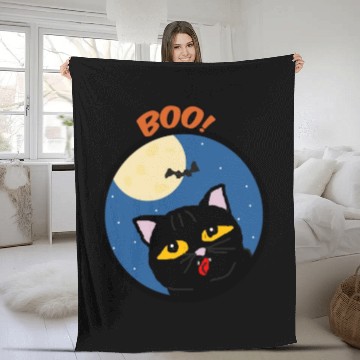 Discover Boo cat in the moon light with a bat Halloween Fleece Blankets