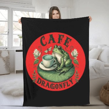 Discover Cafe Dragonfly: Whimsical Serene Frog on Lily Pad Fleece Blankets