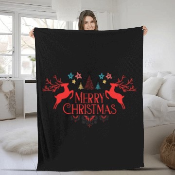 Discover Happy Christmas Two Deer's and tree red color logo Fleece Blankets