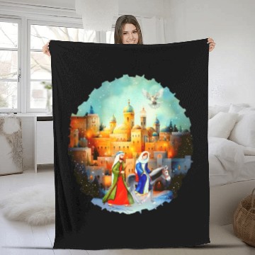 Discover Mary and Joseph in Bethlehem with donkey Fleece Blankets
