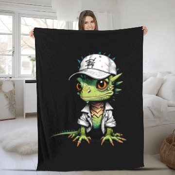 Discover Cute lizard with cap Fleece Blankets