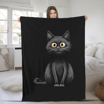 Discover A midnight-colored cat with captivating amber eyes Fleece Blankets