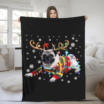 Discover Funny Pug Dog Christmas Reindeer Christmas Lights Fleece Blankets