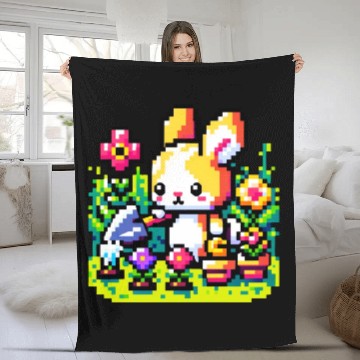 Discover 8-Bit Bunny Gardener: Retro Digital Garden Scene Fleece Blankets