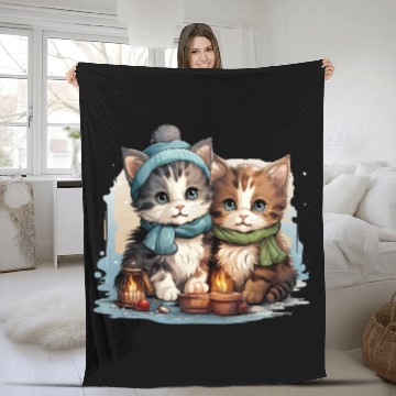 Discover chubby kittens in Christmas stockings hanging Fleece Blankets