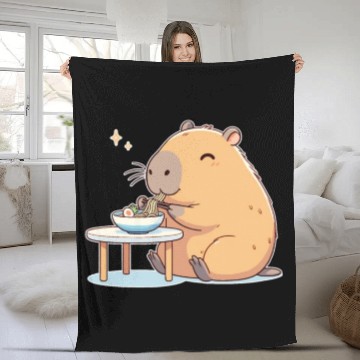Discover Cute Capybara Eats Ramen Noodles Capybara Ramen Fleece Blankets