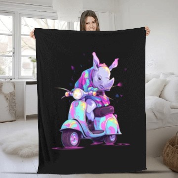Discover Rhino Riding Scooter Funny Rhinoceros Biker Moped Fleece Blankets