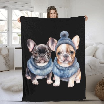 Discover Winter Christmas Bulldogs with Blue Hats Fleece Blankets