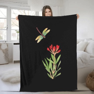 Discover dragonfly flying over a plant Fleece Blankets