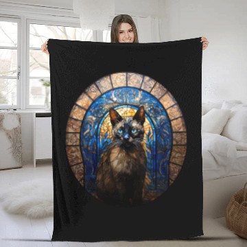 Discover Siamese cat in stained glass Fleece Blankets