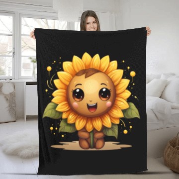 Discover A cute kawaii style sunflower with a smiling face Fleece Blankets