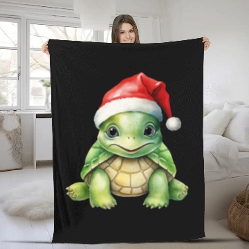 Discover cute green sea turtle wearing a Santa hat Fleece Blankets