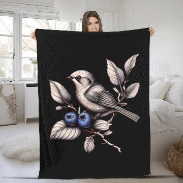 Discover Bird on a Blueberry Branch Fleece Blankets