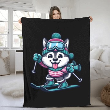 Discover Husky on Skis - Funny Comic Winter Sports Fleece Blankets