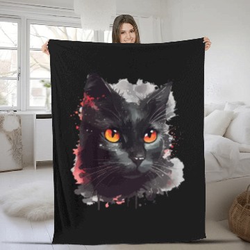 Discover Black Cat Japanese Watercolor Mystery Gaze Fleece Blankets