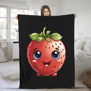 Discover A cute kawaii style strawberry with a smiling face Fleece Blankets