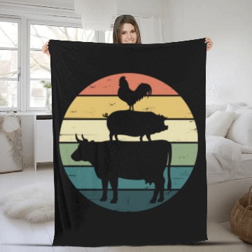 Discover Retro Rainbow Stacked Farm Animals Cow Pig Rooster Fleece Blankets