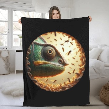 Discover Chameleon head surrounded by bees Fleece Blankets