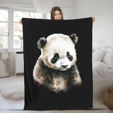 Discover Cute Panda Bear Watercolor Painting Portrait Fleece Blankets