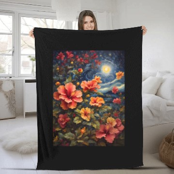 Discover Colorful Hibiscus Under Starry Night Sky Fleece Blankets