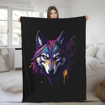 Discover Wolf with paint splatters on it's face Fleece Blankets
