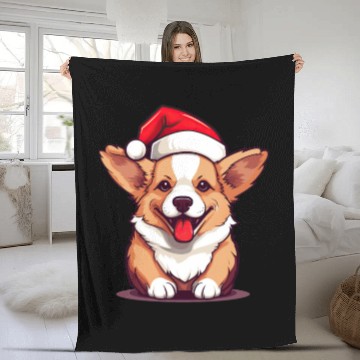 Discover cute corgi wearing santa hat at christmas Fleece Blankets