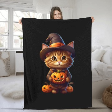 Discover Orange Cat in Witch Costume Fleece Blankets